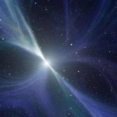 Las proyecciones curvas blancas y violetas provienen de un punto blanco sobre un fondo negro cubierto de estrellas.
