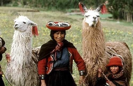 Fotografía en color de una mujer quechua en Perú, parada afuera con un niño y llevando dos alpacas con correa