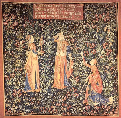 Tapiz medieval que muestra a Semiramis con sirvientes rojos y azules.
