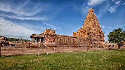 Fotografía del templo hindú Brihadeeswarar Temple con pasto verde frente a él y un gran árbol a su lado derecho