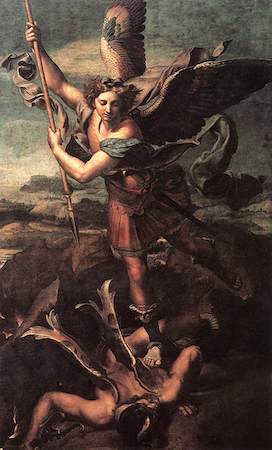 Pintura de Rafael de San Miguel representado como un soldado alado que usa una lanza para derrotar a Satanás.