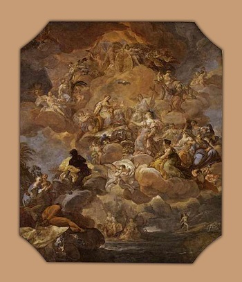 Religión Protegida por España, de Giaquinto, en el techo de la escalera principal