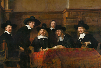 Pintura de seis hombres sentados en una mesa mirando hacia adelante. Están vestidos con ropas del siglo XVII.