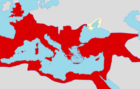 Un mapa con territorio romano marcado en rojo.