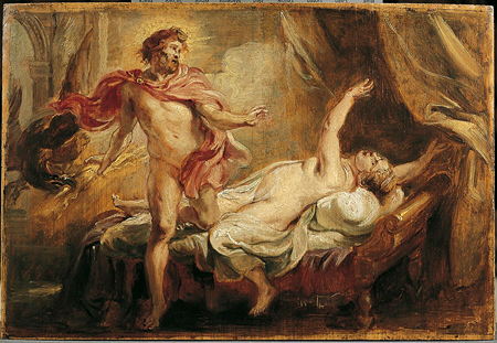 Pintura de Sémele acostada con el brazo en el aire, Zeus mirándola con dolor de Peter Paul Rubens