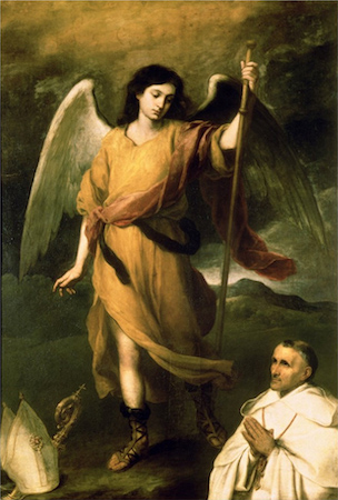 Una pintura de San Rafael que representa al arcángel con alas y portando un bastón mientras está de pie junto a un obispo.