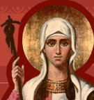 Una imagen de estilo ícono de una figura femenina vestida de blanco con un halo alrededor de la leyenda de su cabeza.