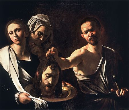 Salomé con la cabeza de Juan Bautista, una pintura de Caravaggio que muestra al verdugo poniendo la cabeza en una bandeja que sostiene Salomé.
