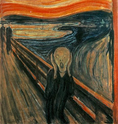 Cuadro de un personaje angustiado con un fondo surrealista.