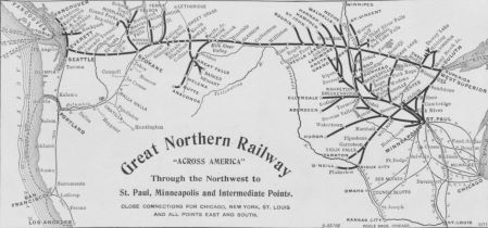 Imagen de un anuncio y un mapa en blanco y negro que muestran el ferrocarril desde California hasta St. Paul, Minnesota.