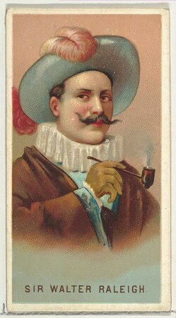 Un retrato de Sir Walter Raleigh. Tiene bigote y fuma en pipa. Lleva guantes, cuello blanco y un sombrero azul con una gran pluma rosa.