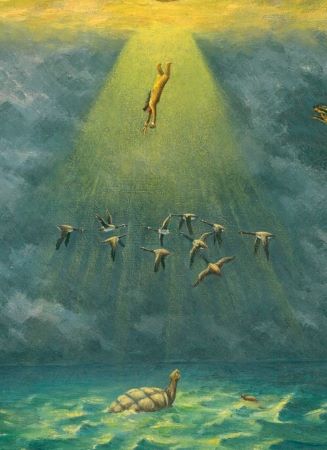 Imagen de una pintura de una mujer sumergiéndose bajo la superficie del agua hacia una tortuga.