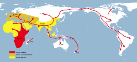 Mapa de la migración de los primeros ancestros humanos con los neandertales en amarillo oscuro.