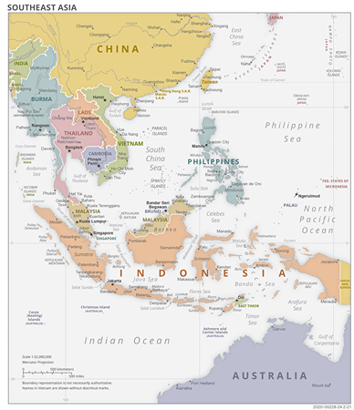 Mapa que detalla los países del sudeste asiático al sur de China y al norte de Australia