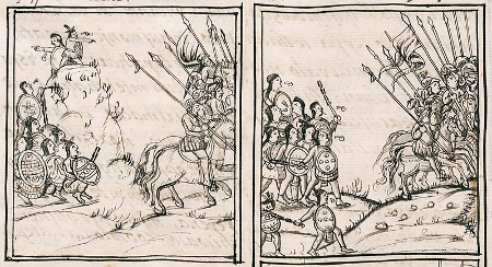 Impresión del ejército español en retirada de los aztecas.