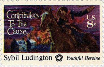 Sello que representa a Sybil Ludington advirtiendo que venían los británicos