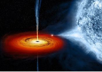 Ilustración de un agujero negro estelar extrayendo material de una estrella cercana