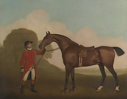 Pintura de un caballo color bayo sostenido por un mozo de cuadra vestido con ropa del siglo XVIII compuesta por chaqueta roja y pantalón blanco.