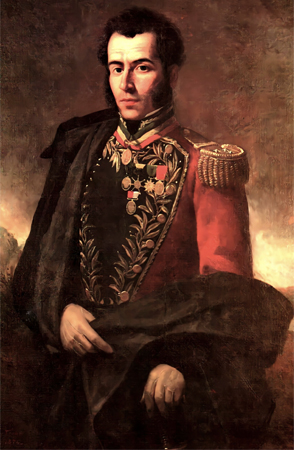 Un retrato pintado de un hombre de mediana edad con atuendo militar del siglo XIX. Las medallas cubren su pecho.