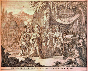 Representación de la reina de las Amazonas reuniéndose con Alejandro Magno