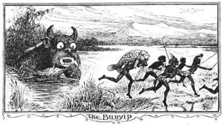 Aborígenes australianos huyendo de un Bunyip con colmillos, cuernos y bigotes.