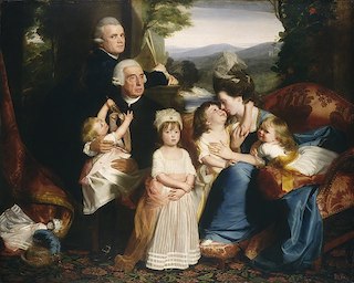Retrato de John Singleton Copley y su familia, incluidos cuatro niños pequeños, todos de blanco, y su esposa con un vestido azul.