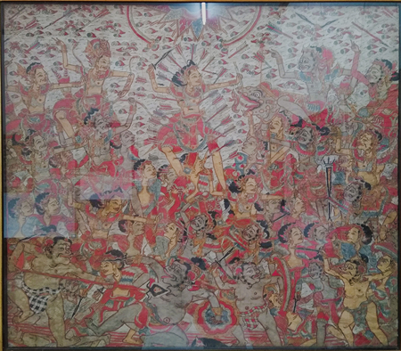 Pintura de multitud de figuras hindúes celebrando la muerte del guerrero Abhimanyu.