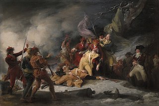 La muerte del general Montgomery en el ataque a Quebec, 31 de diciembre de 1775, por John Trumbull. Montgomery está vestido de amarillo.