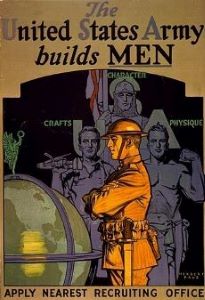 Cartel de reclutamiento del ejército estadounidense. Hombres débiles en el fondo etiquetados artesanías, carácter, físico. Lee: El ejército de EE. UU. construye HOMBRES.