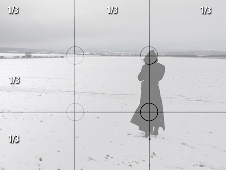 Fotografía de una persona parada en un campo nevado, demostrando la regla de los tercios