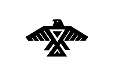 Ilustración en blanco y negro de un Thunderbird de pie con forma de X y la cabeza de perfil