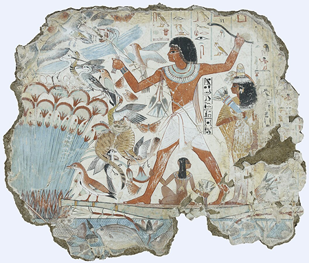 Pintura de un rey de gran tamaño rodeado de su esposa e hijo y numerosos animales y plantas de los pantanos.