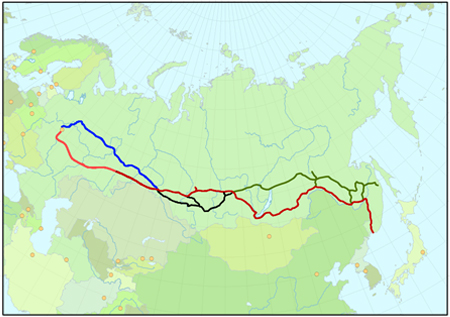 Un mapa con Europa al Oeste y Japón al Este. Rusia en el centro con varias líneas de colores que se extienden a lo largo.