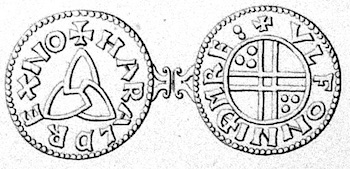 Moneda noruega con símbolo triquetra