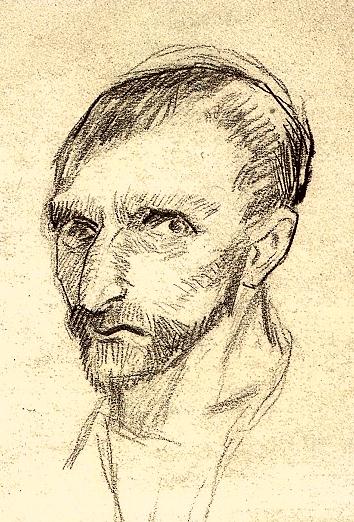 Dibujo de Van Gogh de un autorretrato a lápiz de la cabeza y los rasgos de un hombre serio