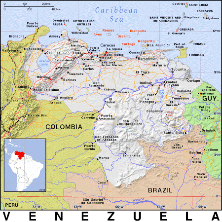 Un mapa de Venezuela, destacando sus cadenas montañosas, ciudades y ubicación en América del Sur.