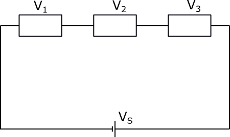 Una ilustración de un circuito con una fuente de voltaje y tres caídas de voltaje.
