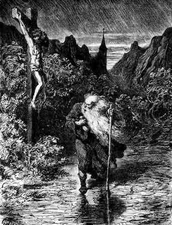 Una ilustración de Gustave Doré que muestra al judío errante y a Jesús en la cruz.