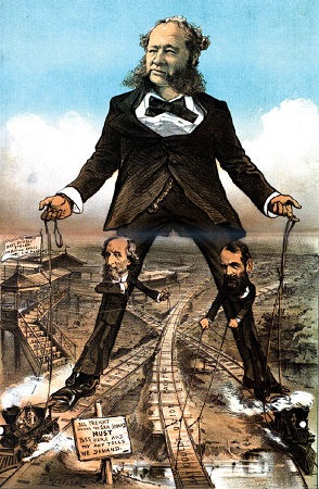 Una caricatura en color de un hombre parado a horcajadas sobre varias vías de ferrocarril con hombres aferrados a sus piernas.