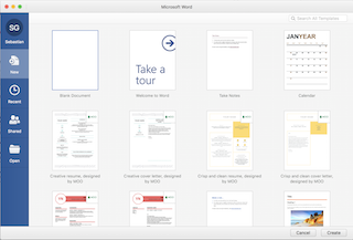 Pantalla de bienvenida de Word