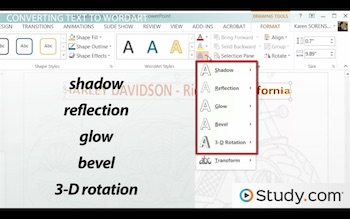 desplegable que muestra las opciones de Word Art
