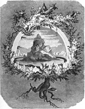 Representación artística en blanco y negro de un árbol desde sus raíces rodeadas por una gran serpiente, hasta su tronco y una gran corona que sostiene los Nueve Reinos.