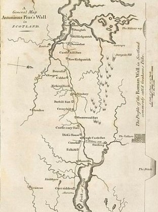 Mapa del Muro de Antonino que muestra la ubicación y las características más destacadas