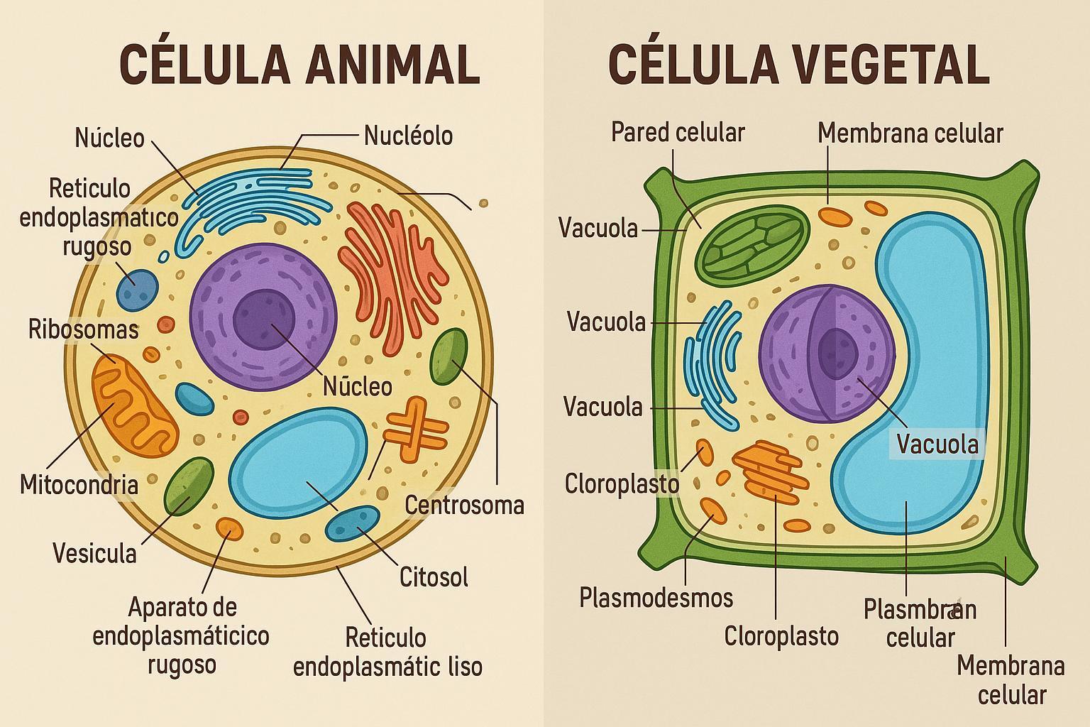 Diferencias morfológicas clave. La célula vegetal (derecha) exhibe una rigidez geométrica gracias a su pared celular y una gran vacuola central ausente en la célula animal (izquierda).