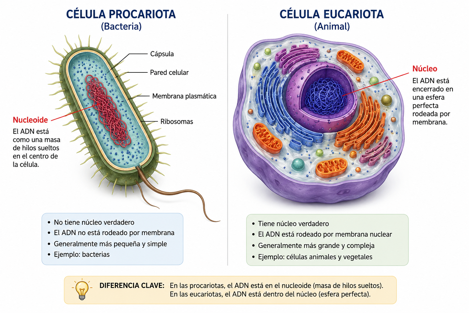 Comparativa estructural entre una célula procariota (izquierda), con su material genético libre en la región nucleoide, y una célula eucariota (derecha), que resguarda su ADN dentro de un núcleo membranoso.