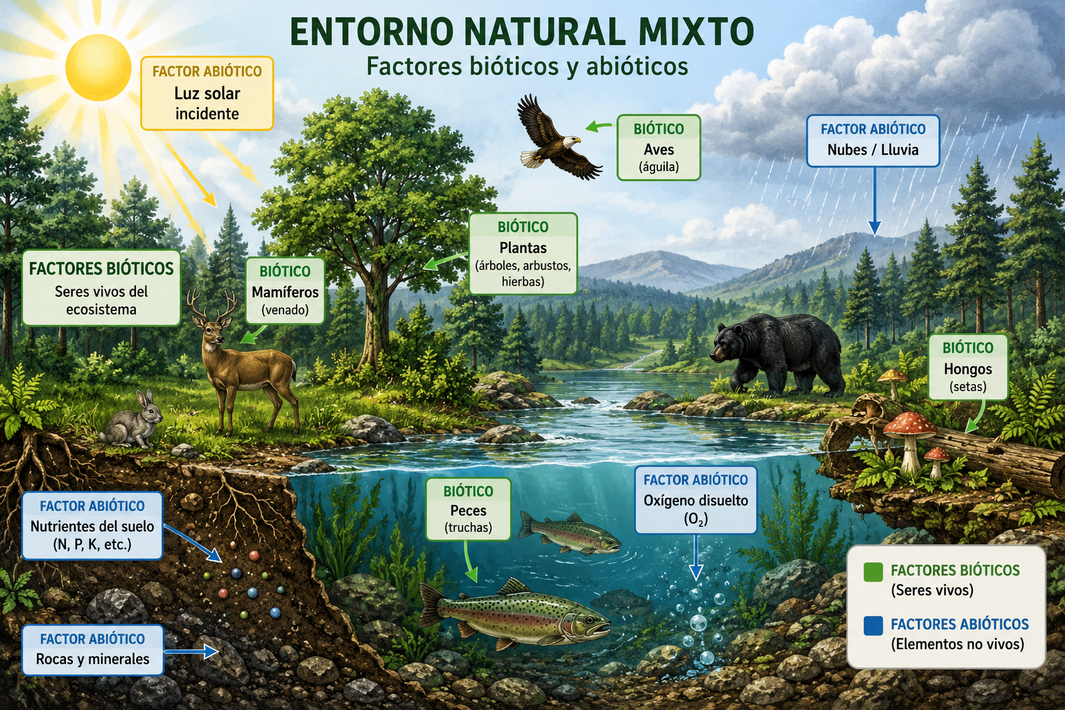 Representación de un ecosistema donde interactúan los elementos vivos (comunidad biótica) y los componentes físicos y químicos no vivos (medio abiótico).