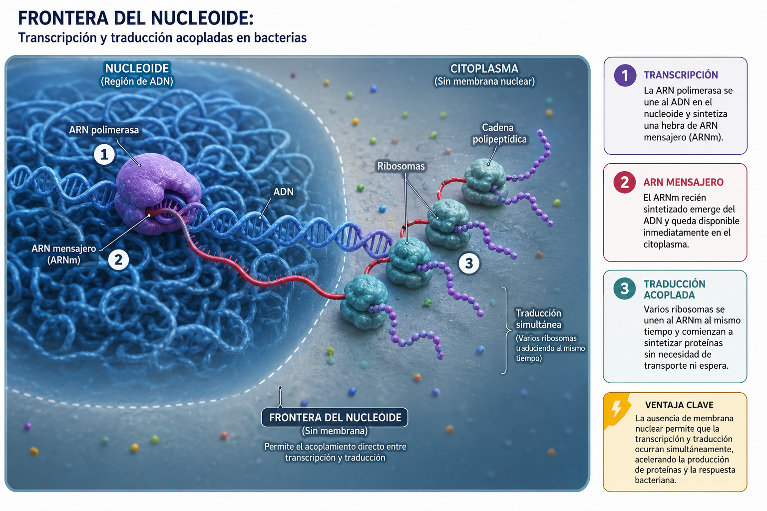 Mecanismo de expresión genética en procariotas. Al no existir una barrera nuclear, los ribosomas citoplasmáticos traducen el ARN mensajero de forma simultánea mientras este se sigue transcribiendo en el nucleoide.