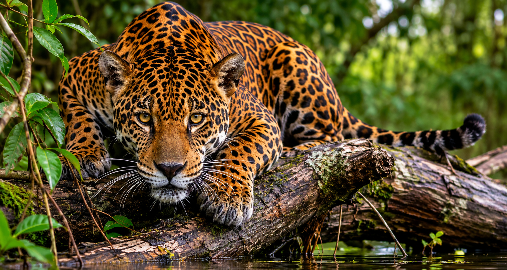 El jaguar es el mayor felino de América; sus mandíbulas ejercen una presión excepcional que le permite cazar presas con corazas duras en el entorno fluvial de la selva.