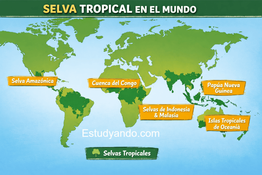 Mapa con las ubicaciones de las selvas tropicales del mundo