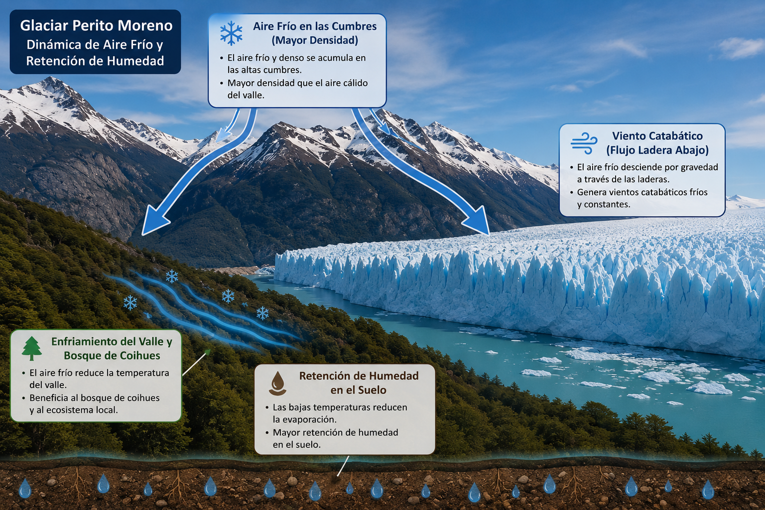 Dinamica del aire frio y la retencion de humedad en el Glaciar Perito Moreno